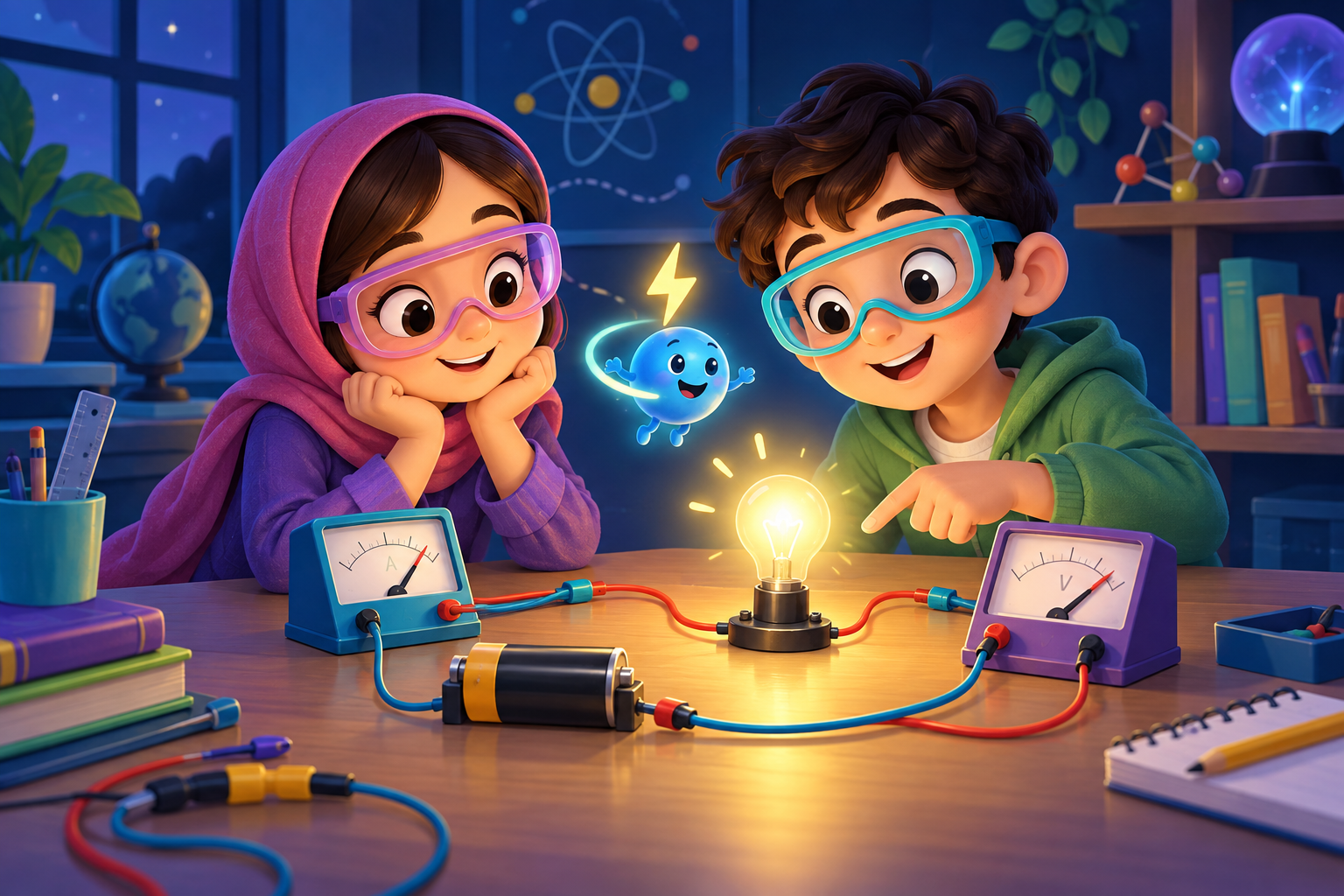 دو کودک در حال آزمایش یک مدار الکتریکی